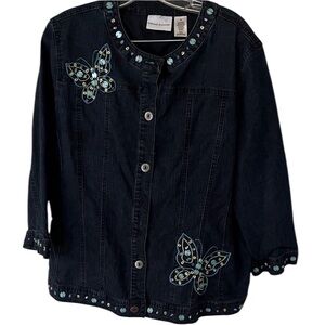 Alfred Dunner  size 16 dark blue denim jacket with beaded detail with stretch
